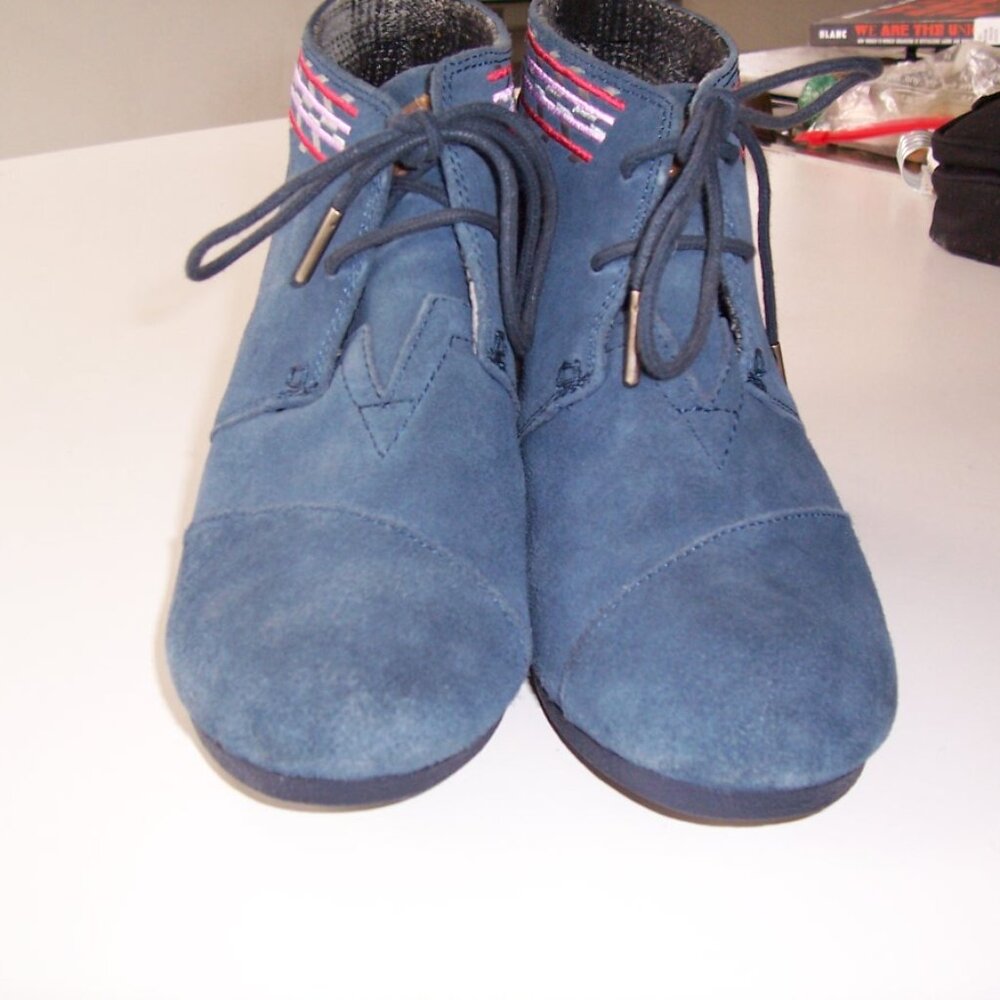 Tom's Blue Suede Wedge Bootie Size 8